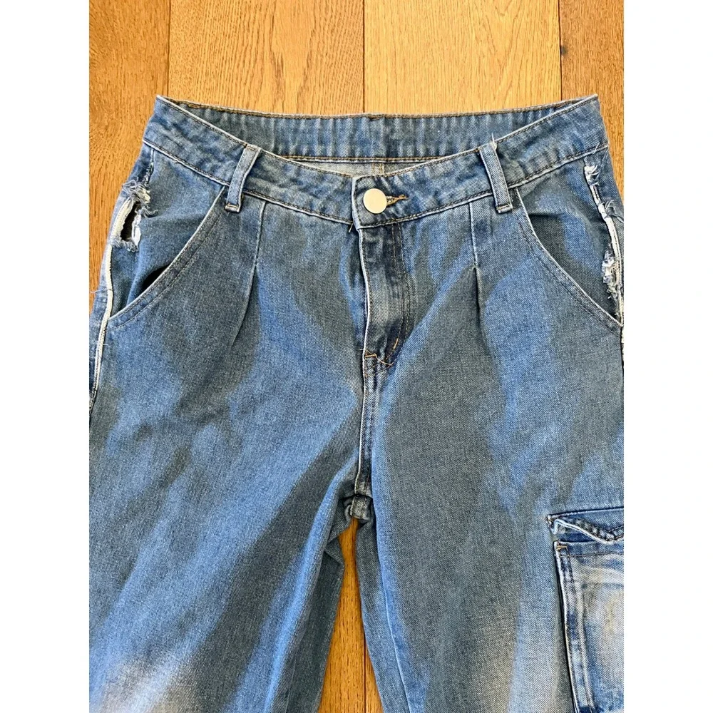 YASUYUAN Men's Blue Wide-Leg Denim Jeans Distressed Fringe Cotton Polyester 30 - Picture 3 of 15